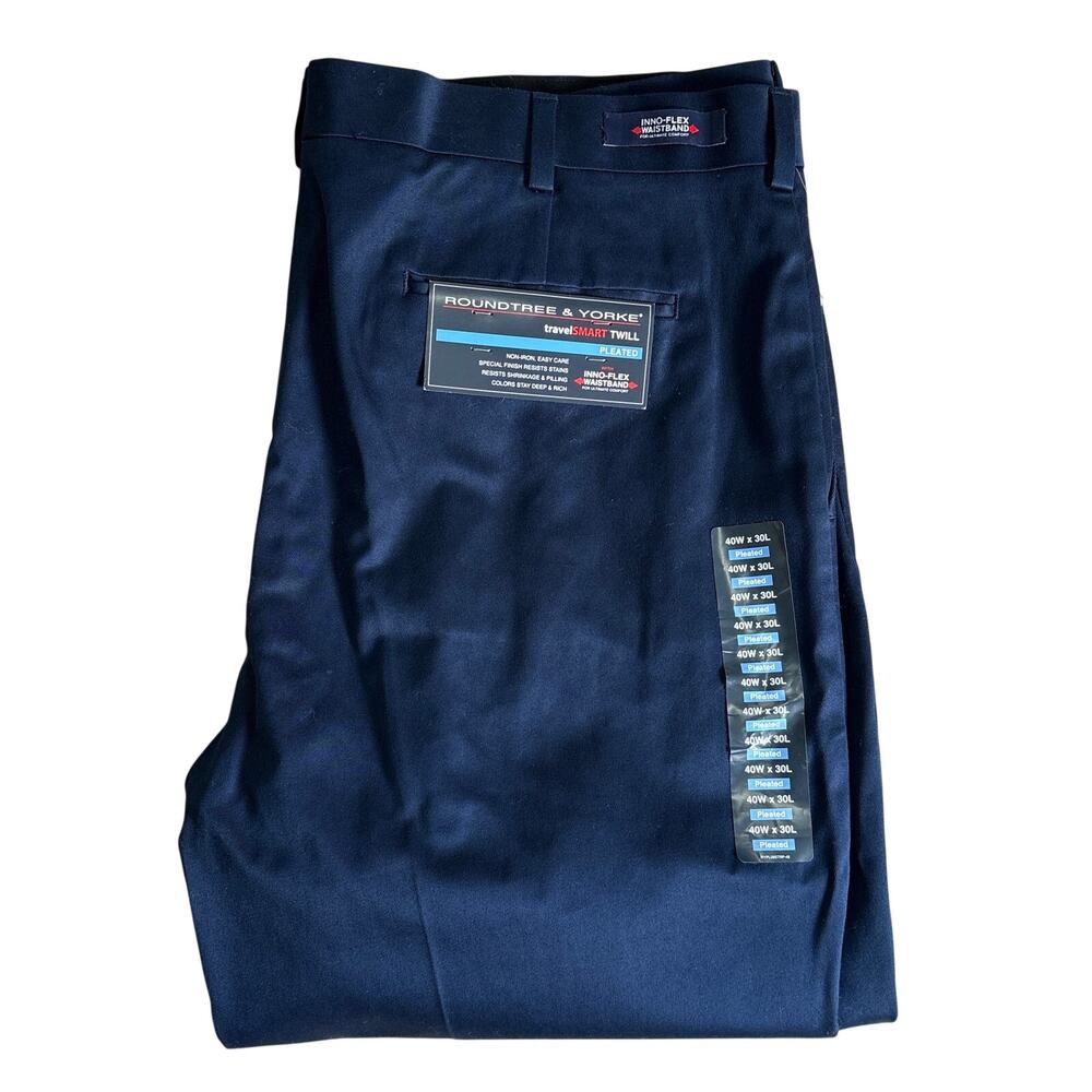 NWT Roundtree & Yorke TravelSmart Navy Blue Pleated Chino Pants 40x30 Flex Waist
